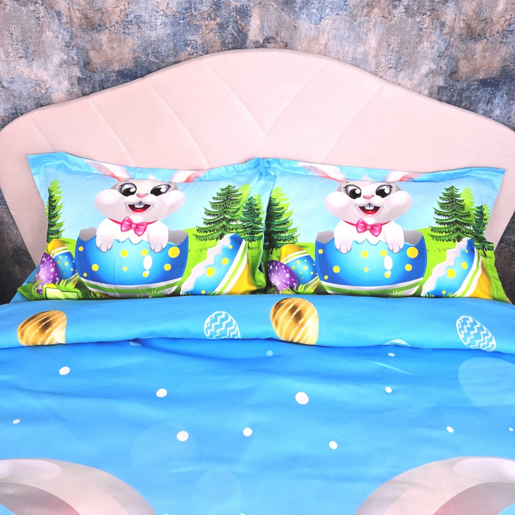 Lenjerie de pat, 2 persoane, 3D, finet, 4 piese, cu imprimeu, motiv Iepurașul de Paște, LF4920
