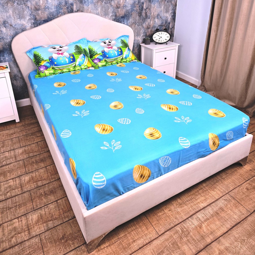 Lenjerie de pat, 2 persoane, 3D, finet, 4 piese, cu imprimeu, motiv Iepurașul de Paște, LF4920