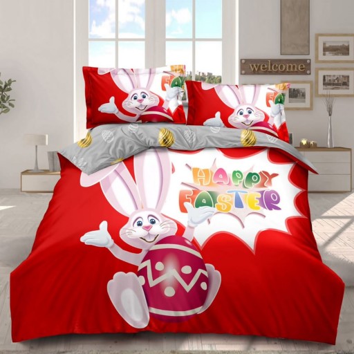 Lenjerie de pat, 2 persoane, 3D, finet, 4 piese, cu imprimeu, motiv Iepurașul de Paște, LF4927