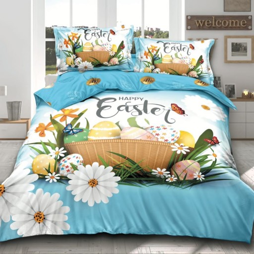 Lenjerie de pat, 2 persoane, 3D, finet, 4 piese, cu imprimeu, motiv Iepurașul de Paște, LF4929