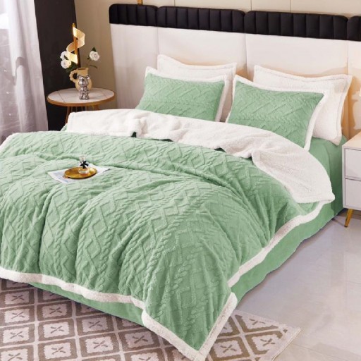 Lenjerie de pat, 2 persoane, cocolino, tip tricot, 4 piese, pătură cu blăniță, uni, verde deschis, LPT409
