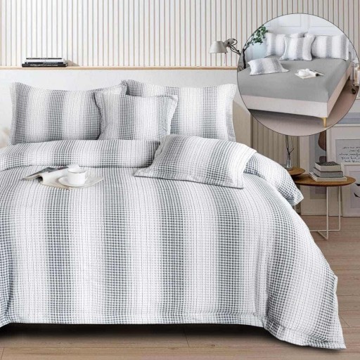 Lenjerie de pat Premium Gofrată, 2 persoane, 6 piese, cu elastic, gri și alb, LFG102