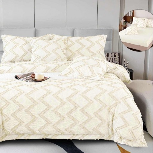 Lenjerie de pat Premium Gofrată, 2 persoane, 6 piese, cu elastic, crem deschis, linii zig-zag, LFG103