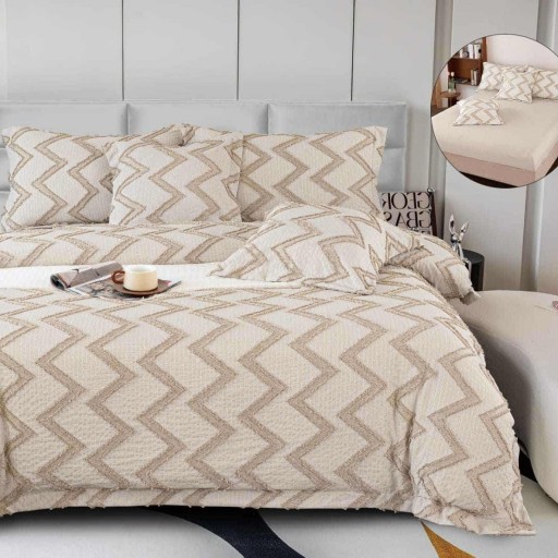 Lenjerie de pat Premium Gofrată, 2 persoane, 6 piese, cu elastic, crem , linii zig-zag, LFG104