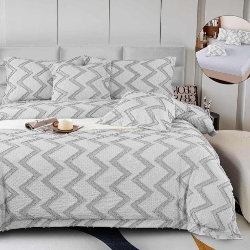 Lenjerie de pat Premium Gofrată, 2 persoane, 6 piese, cu elastic, gri , linii zig-zag, LFG105