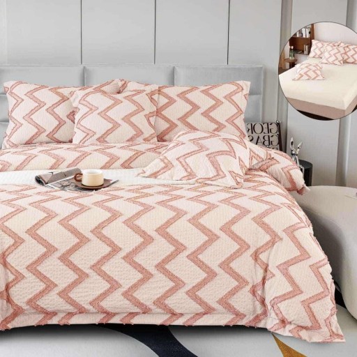 Lenjerie de pat Premium Gofrată, 2 persoane, 6 piese, cu elastic, crem închis, linii zig-zag, LFG106