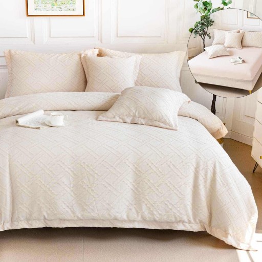 Lenjerie de pat Premium Gofrată, 2 persoane, 6 piese, cu elastic, crem , linii , LFG107