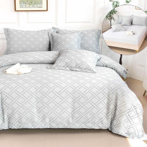 Lenjerie de pat Premium Gofrată, 2 persoane, 6 piese, cu elastic, gri , linii , LFG108