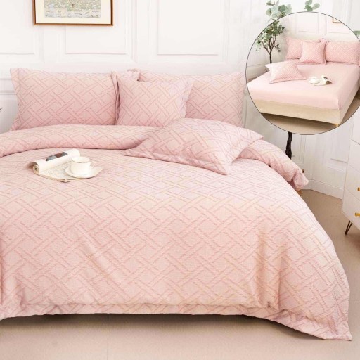 Lenjerie de pat Premium Gofrată, 2 persoane, 6 piese, cu elastic, roz , linii , LFG109