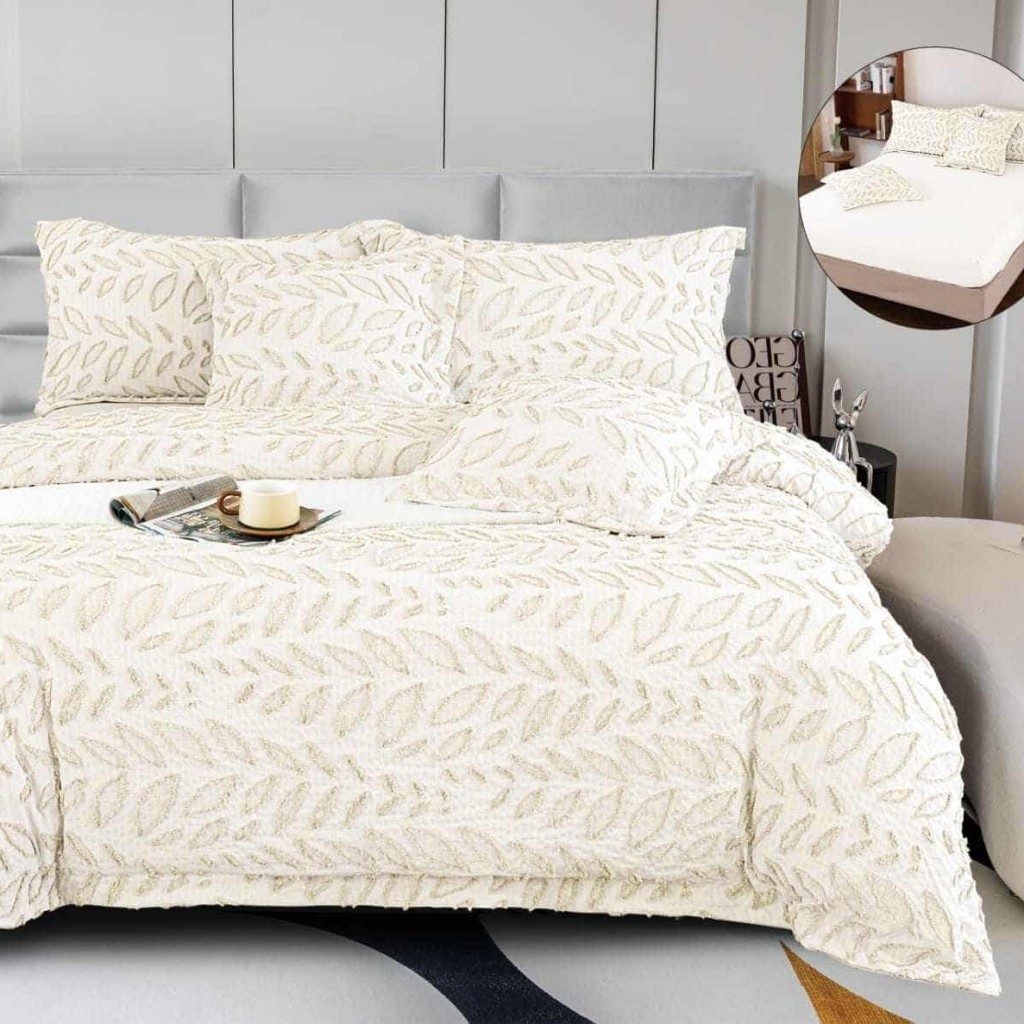 Lenjerie de pat Premium Gofrată, 2 persoane, 6 piese, cu elastic, crem deschis, frunze , LFG110