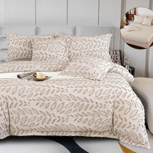 Lenjerie de pat Premium Gofrată, 2 persoane, 6 piese, cu elastic, maro , frunze , LFG111