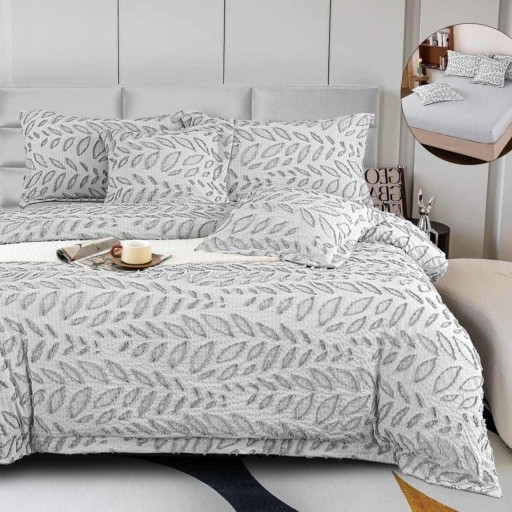 Lenjerie de pat Premium Gofrată, 2 persoane, 6 piese, cu elastic, gri , frunze , LFG112