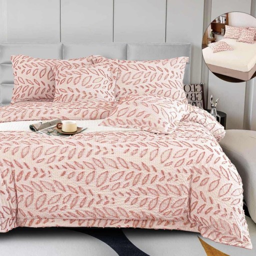 Lenjerie de pat Premium Gofrată, 2 persoane, 6 piese, cu elastic, maro , frunze , LFG113