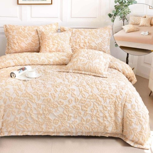 Lenjerie de pat Premium Gofrată, 2 persoane, 6 piese, cu elastic, crem , frunze , LFG114