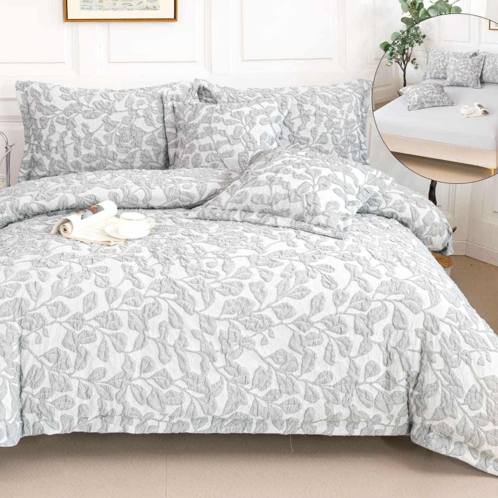 Lenjerie de pat Premium Gofrată, 2 persoane, 6 piese, cu elastic, gri , frunze , LFG115