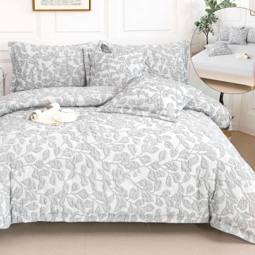 Lenjerie de pat Premium Gofrată, 2 persoane, 6 piese, cu elastic, gri , frunze , LFG115