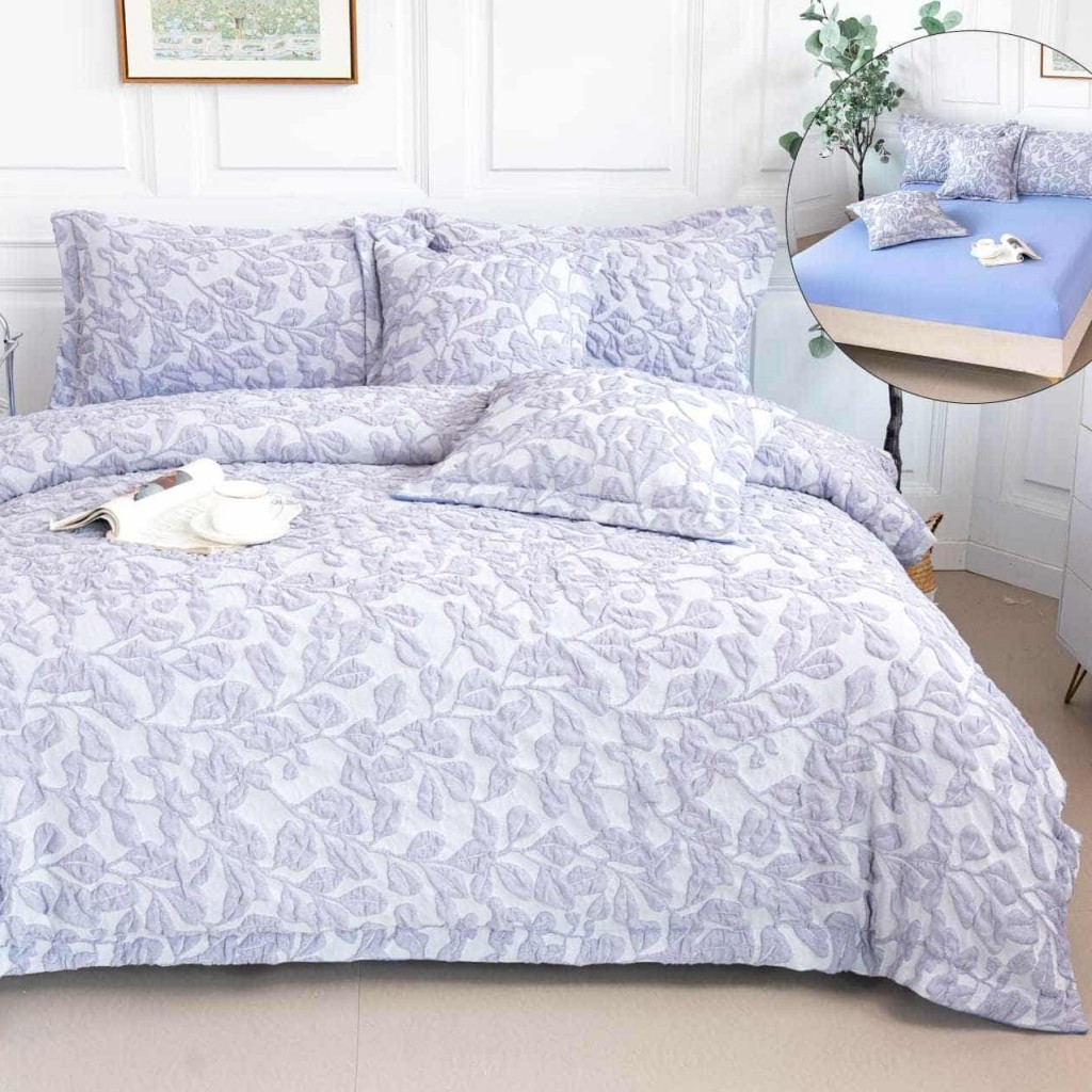 Lenjerie de pat Premium Gofrată, 2 persoane, 6 piese, cu elastic, gri deschis, frunze , LFG116