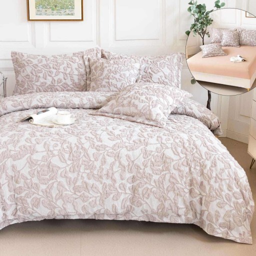 Lenjerie de pat Premium Gofrată, 2 persoane, 6 piese, cu elastic, crem , frunze, LFG117