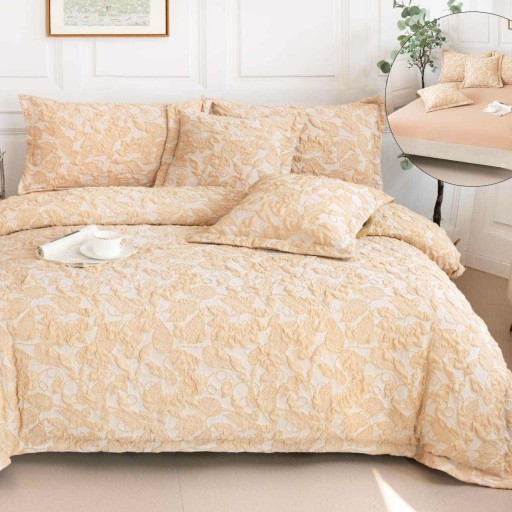 Lenjerie de pat Premium Gofrată, 2 persoane, 6 piese, cu elastic, crem , frunze, LFG118