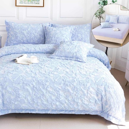 Lenjerie de pat Premium Gofrată, 2 persoane, 6 piese, cu elastic, albastru deschis, frunze, LFG119