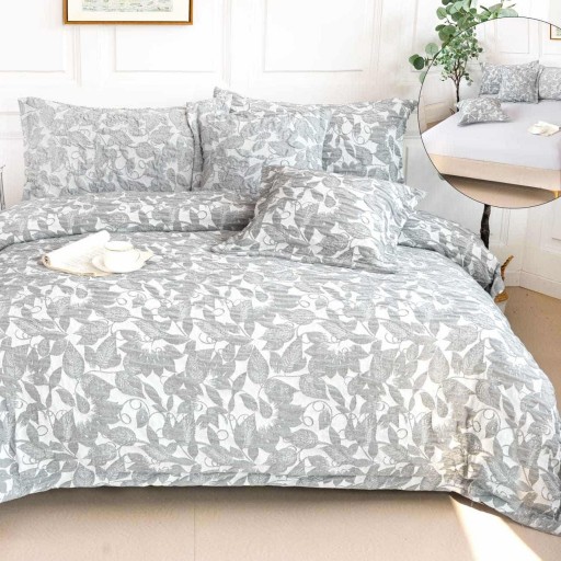 Lenjerie de pat Premium Gofrată, 2 persoane, 6 piese, cu elastic, gri , frunze, LFG120