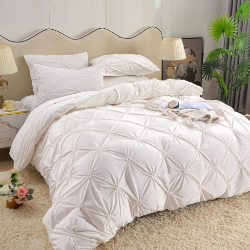 Lenjerie de pat, catifea, 2 persoane, 4 piese, cu elastic, UniDeluxe cu pliuri, 180x200cm, alb , LFC801