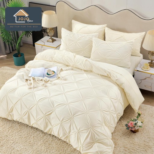 Lenjerie de pat, catifea, 2 persoane, 4 piese, cu elastic, UniDeluxe cu pliuri, 180x200cm, crem deschis , LFC802
