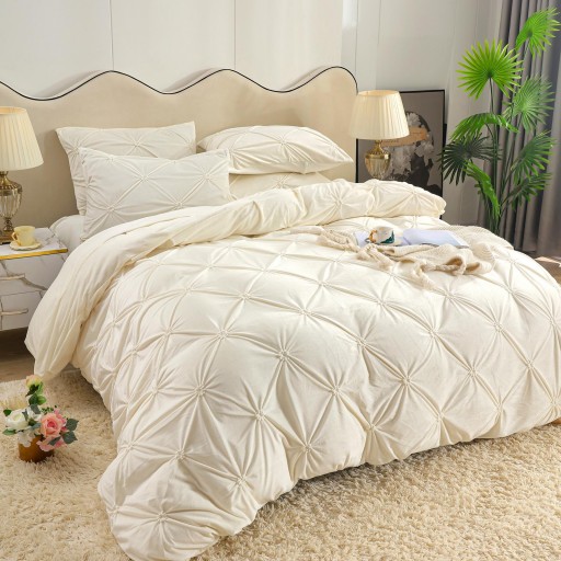 Lenjerie de pat, catifea, 2 persoane, 4 piese, cu elastic, UniDeluxe cu pliuri, 180x200cm, crem deschis , LFC802
