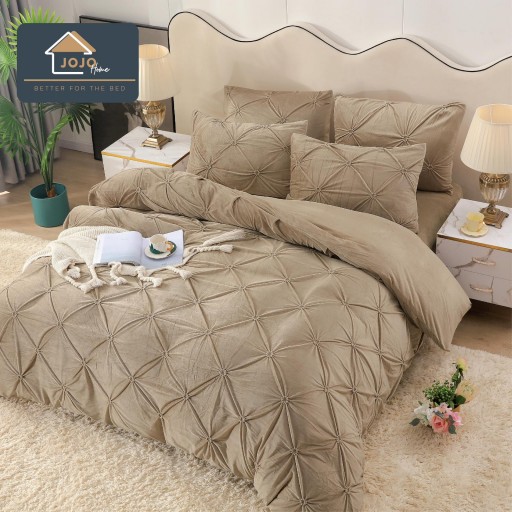 Lenjerie de pat, catifea, 2 persoane, 4 piese, cu elastic, UniDeluxe cu pliuri, 180x200cm, crem închis, LFC803