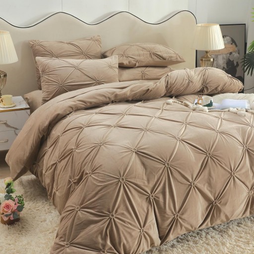 Lenjerie de pat, catifea, 2 persoane, 4 piese, cu elastic, UniDeluxe cu pliuri, 180x200cm, crem închis, LFC803