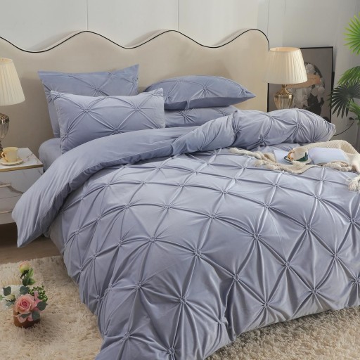 Lenjerie de pat, catifea, 2 persoane, 4 piese, cu elastic, UniDeluxe cu pliuri, 180x200cm, gri deschis, LFC805