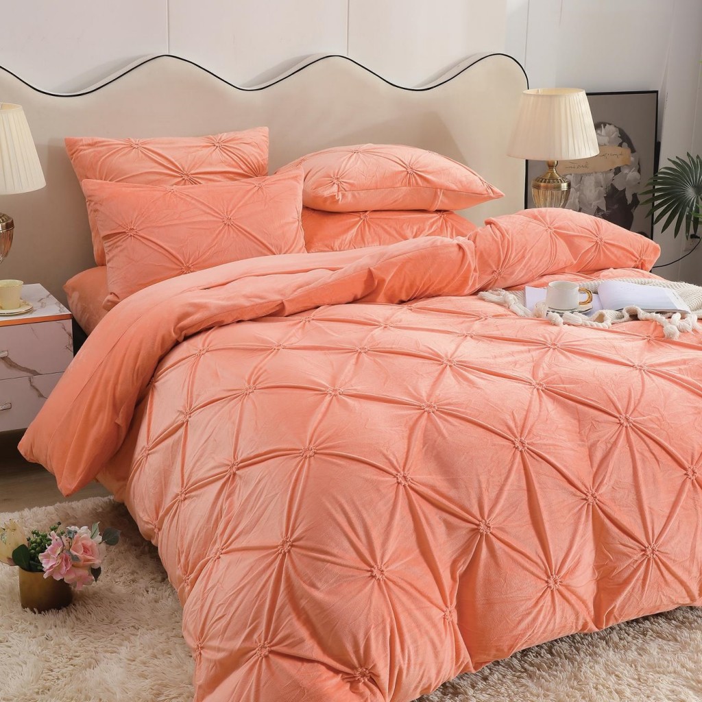 Lenjerie de pat, catifea, 2 persoane, 4 piese, cu elastic, UniDeluxe cu pliuri, 180x200cm, portocaliu , LFC807