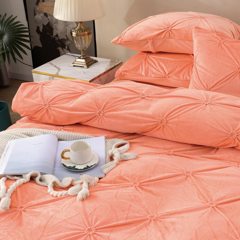 Lenjerie de pat, catifea, 2 persoane, 4 piese, cu elastic, UniDeluxe cu pliuri, 180x200cm, portocaliu , LFC807