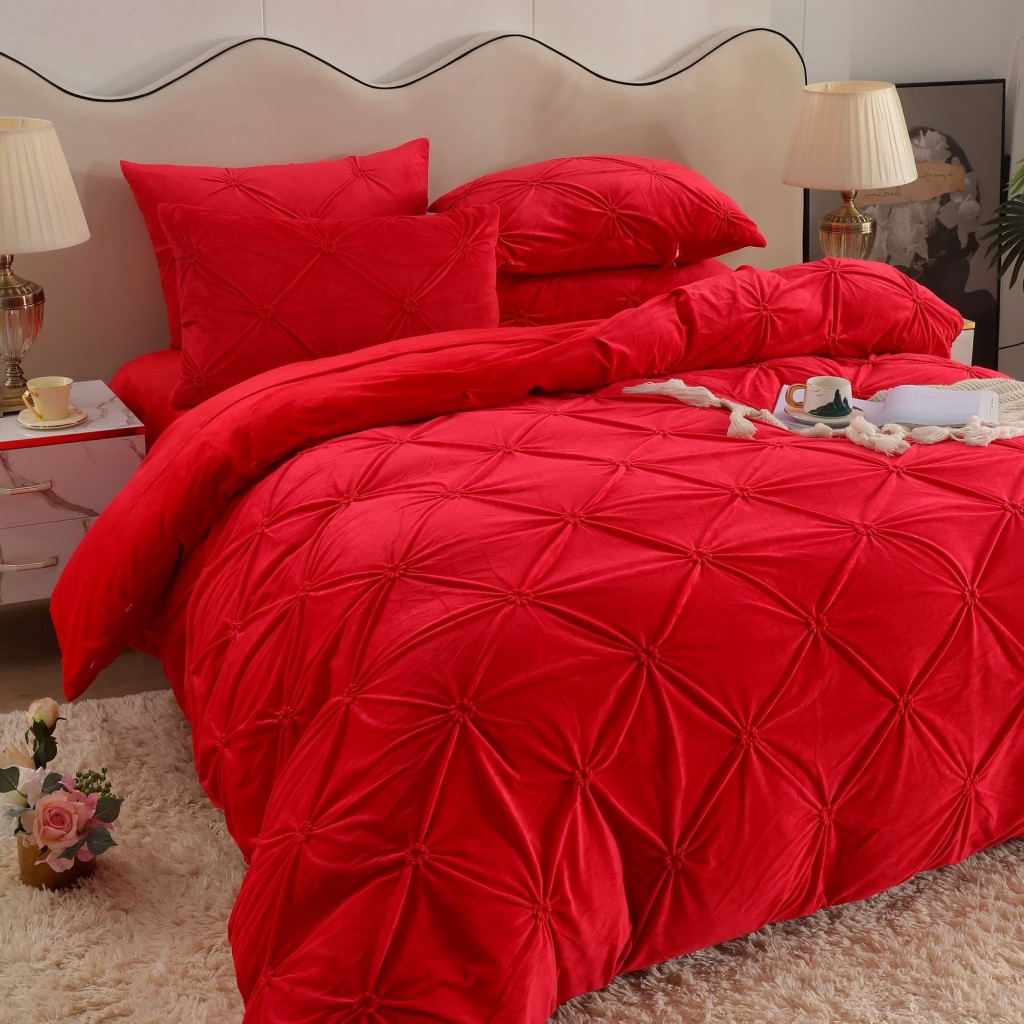 Lenjerie de pat, catifea, 2 persoane, 4 piese, cu elastic, UniDeluxe cu pliuri, 180x200cm, roșu , LFC808