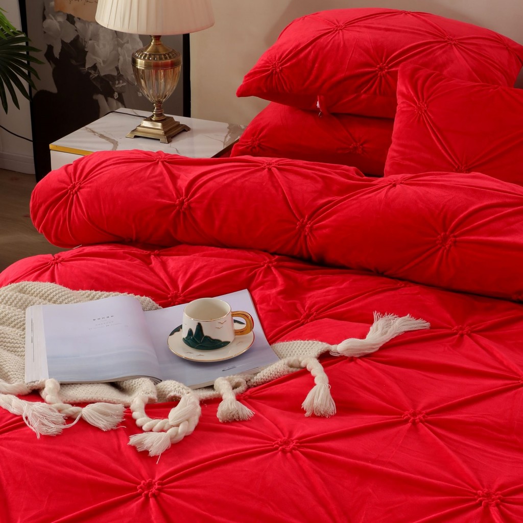 Lenjerie de pat, catifea, 2 persoane, 4 piese, cu elastic, UniDeluxe cu pliuri, 180x200cm, roșu , LFC808