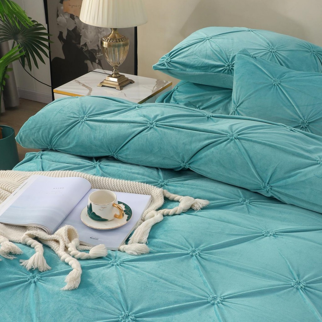 Lenjerie de pat, catifea, 2 persoane, 4 piese, cu elastic, UniDeluxe cu pliuri, 180x200cm, turcoaz , LFC809