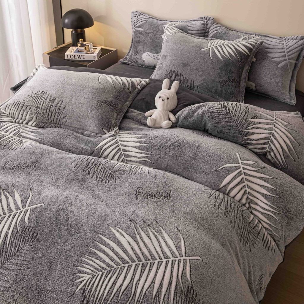 Lenjerie de pat, Cocolino, 1 persoană, 4 piese, gri , cu frunze albe, CCP103