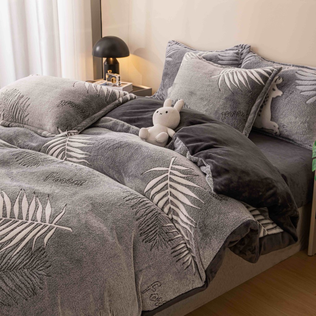 Lenjerie de pat, Cocolino, 1 persoană, 4 piese, gri , cu frunze albe, CCP103