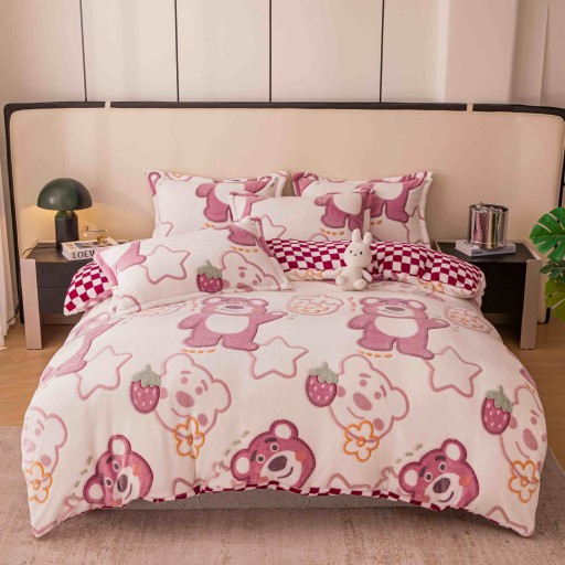 Lenjerie de pat, Cocolino, 1 persoană, 4 piese, crem și roz, cu ursuleți, CCP111