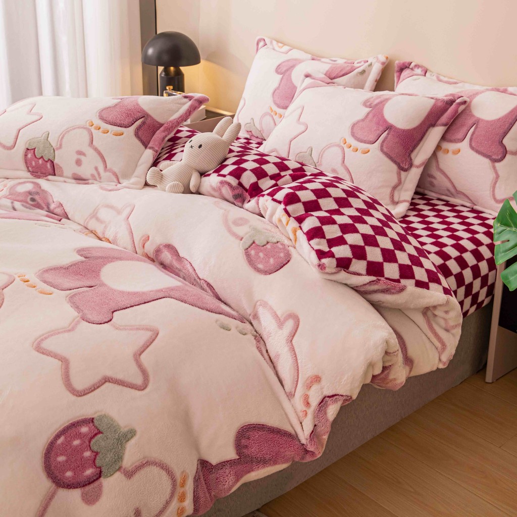 Lenjerie de pat, Cocolino, 1 persoană, 4 piese, crem și roz, cu ursuleți, CCP111