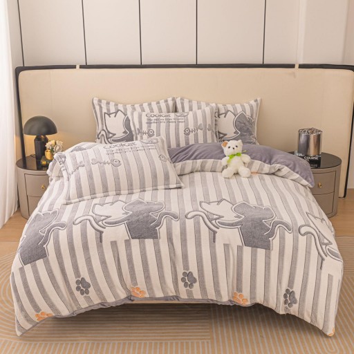 Lenjerie de pat, Cocolino, 1 persoană, 4 piese, gri și alb, cu pisicuțe, CCP113