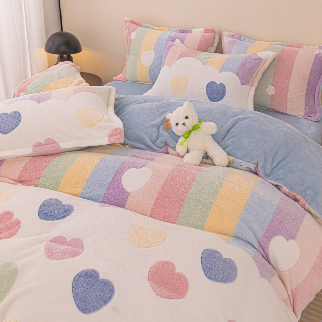 Lenjerie de pat, Cocolino, 1 persoană, 4 piese, crem , cu inimioare, CCP115