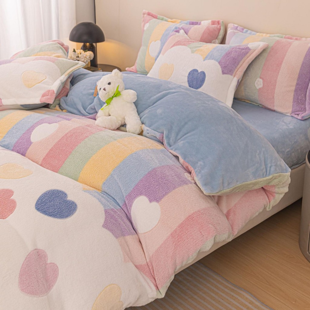 Lenjerie de pat, Cocolino, 1 persoană, 4 piese, crem , cu inimioare, CCP115