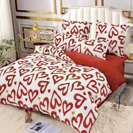 Lenjerie de pat, Cocolino, 2 persoane, 6 piese, crem și roșu, cu inimi roșii, CC664