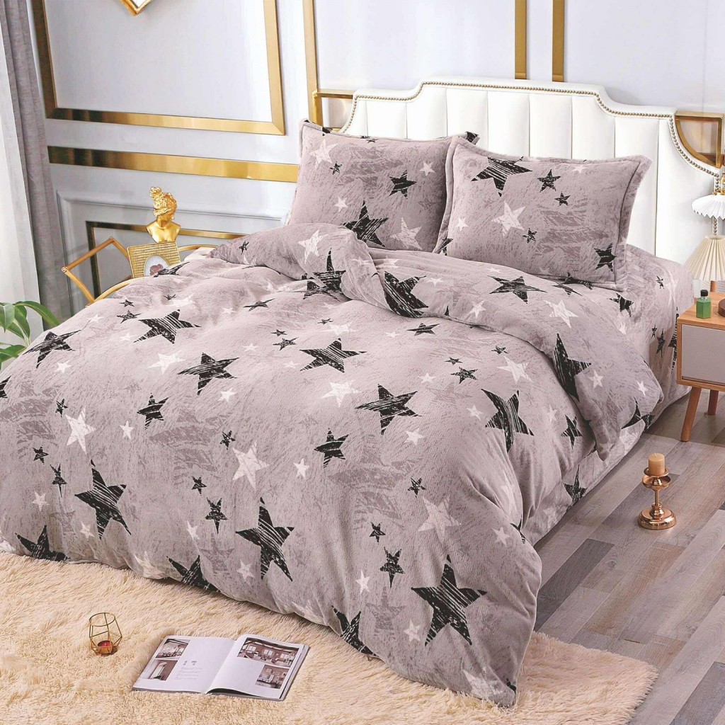 Lenjerie de pat, Cocolino, 2 persoane, 4 piese, gri , cu steluțe negre, CCN4002 Lenjerie de pat, Cocolino, 2 persoane, 4 piese, gri , cu steluțe negre, CCN4002