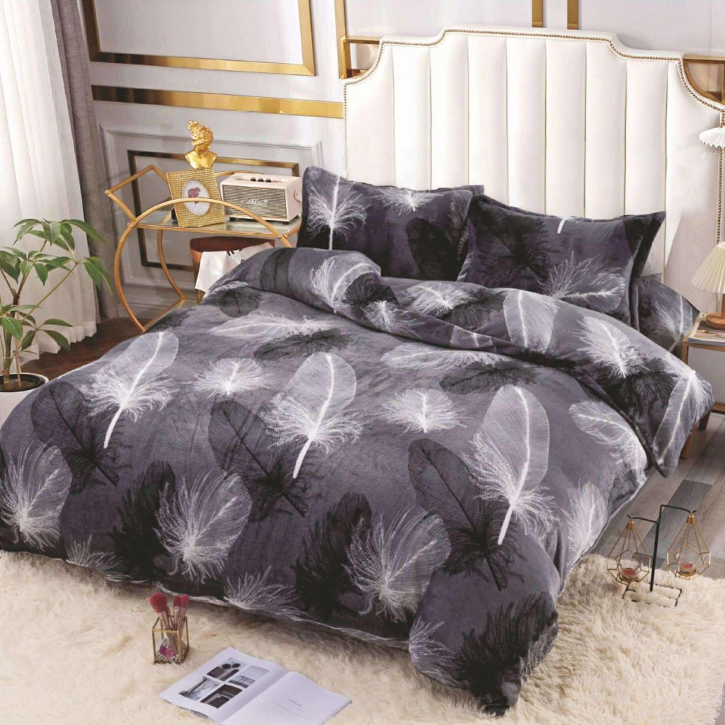 Lenjerie de pat, Cocolino, 2 persoane, 4 piese, gri , cu pene albe negre, CCN4004