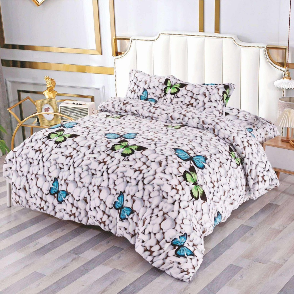 Lenjerie de pat, Cocolino, 2 persoane, 4 piese, gri , imprimeu pietre și fluturi, CCN4005