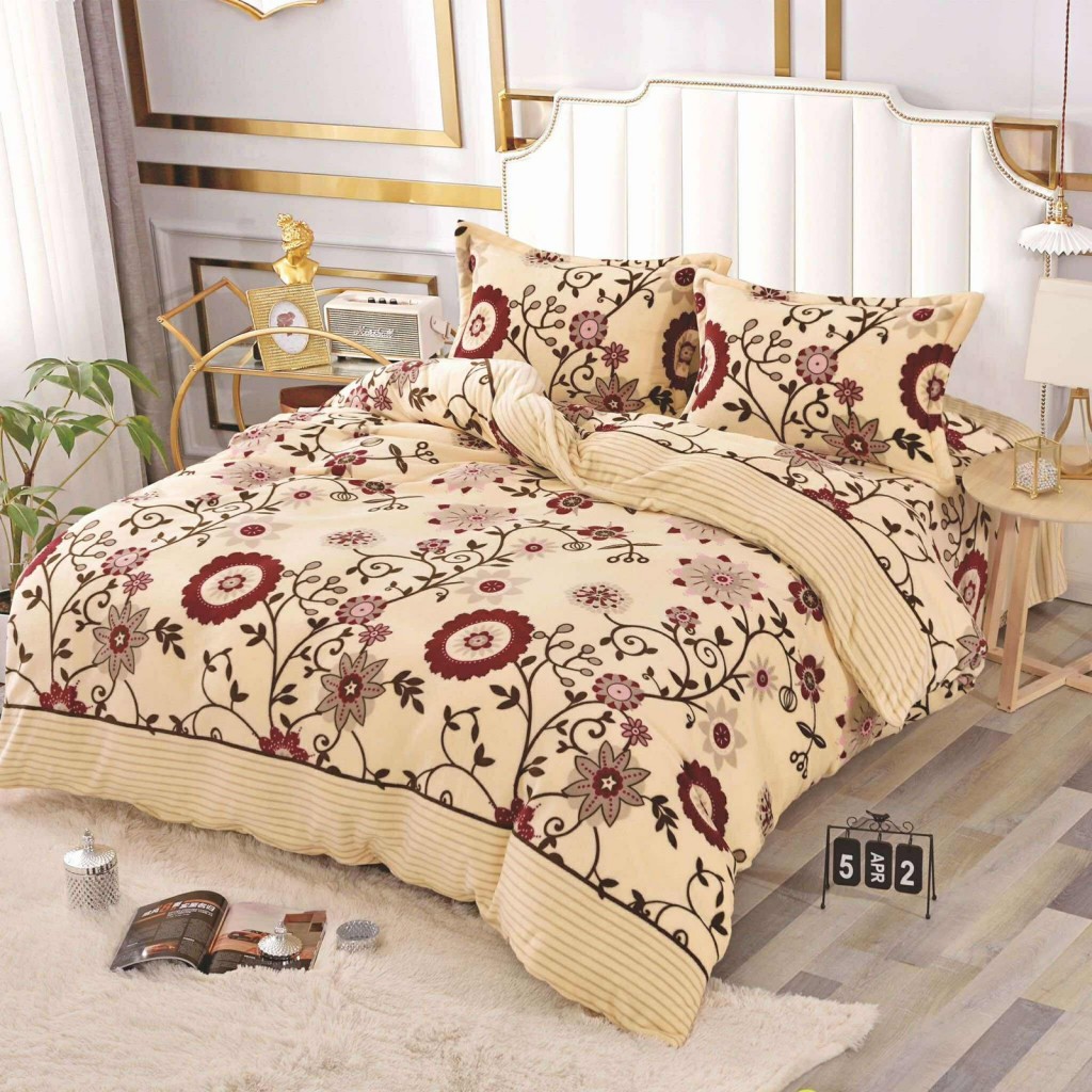 Lenjerie de pat, Cocolino, 2 persoane, 4 piese, crem , cu model vișiniu, CCN4010