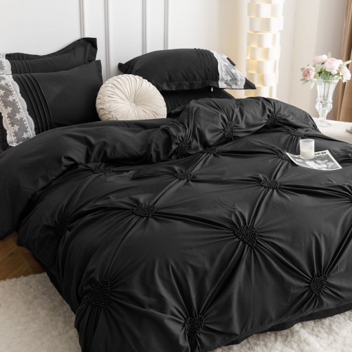 Lenjerie de pat, 2 persoane, finet, 6 piese, Elegant Deluxe Uni, cu broderie pliuri Inima, negru , 230x250cm, LF815