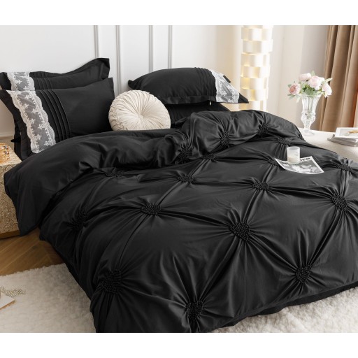 Lenjerie de pat, 2 persoane, finet, 6 piese, Elegant Deluxe Uni, cu broderie pliuri Inima, negru , 230x250cm, LF815